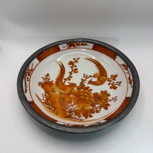 Vintage Hand Painted Hong Kong Plate Decorative Bird Floral Orange Pewter Rim